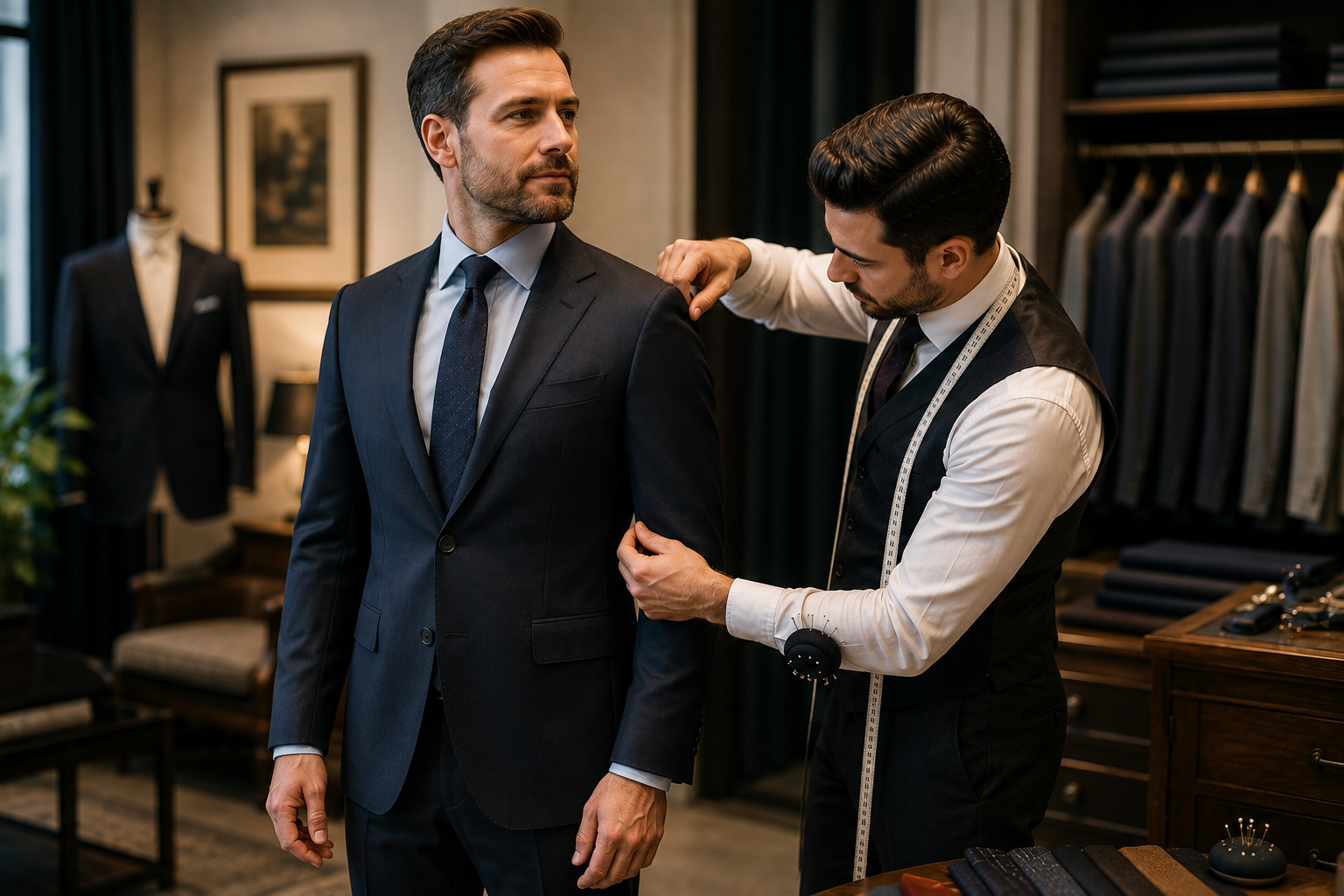 Suit alterations in Guelph, tailor pinning a jacket at Gunit's Boutique