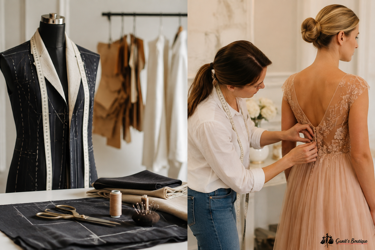 Professional tailor working on a custom suit and bridal gown alteration in a tailoring studio.