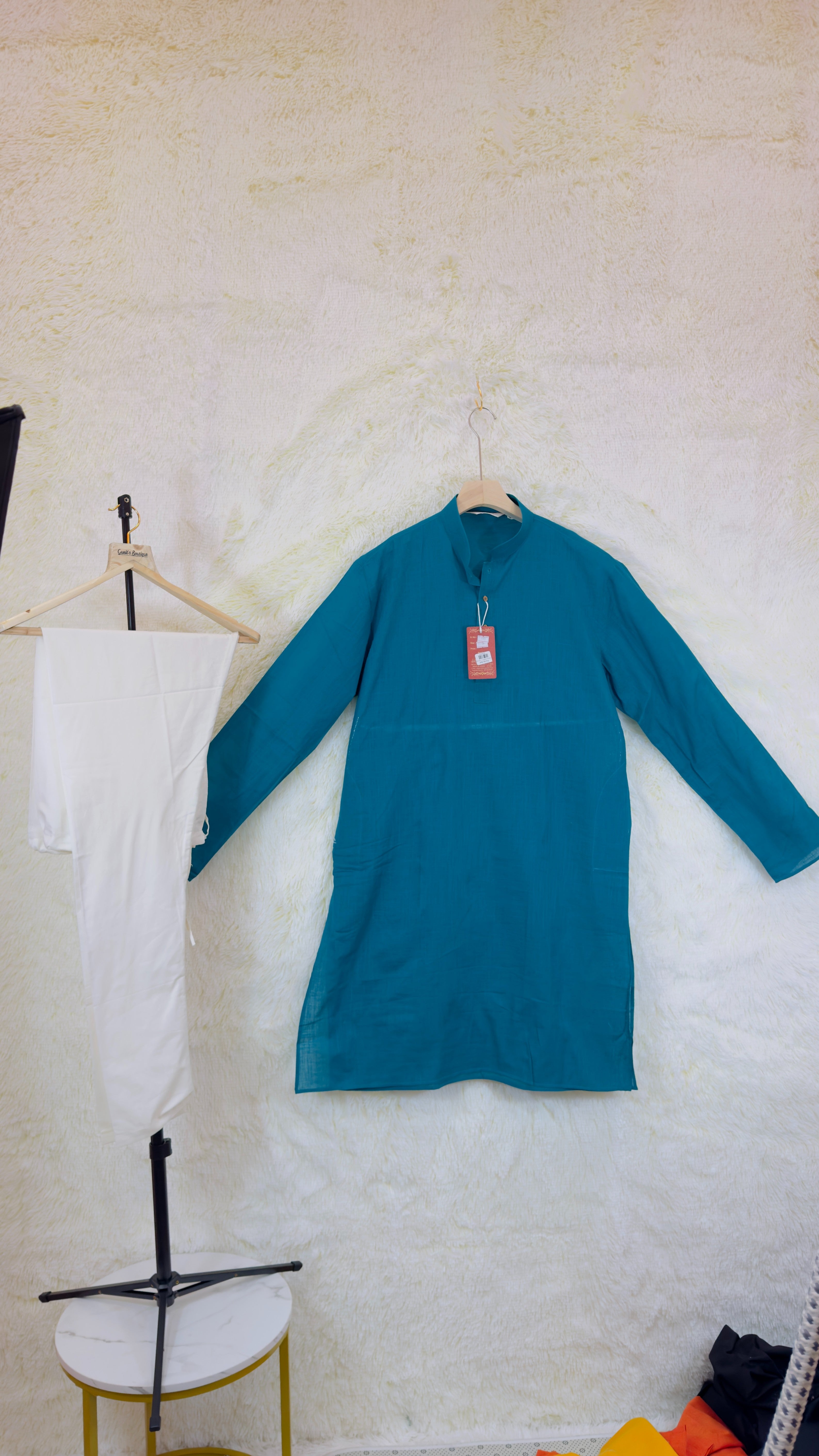 Royal Blue Kurta Set with Beige Trousers