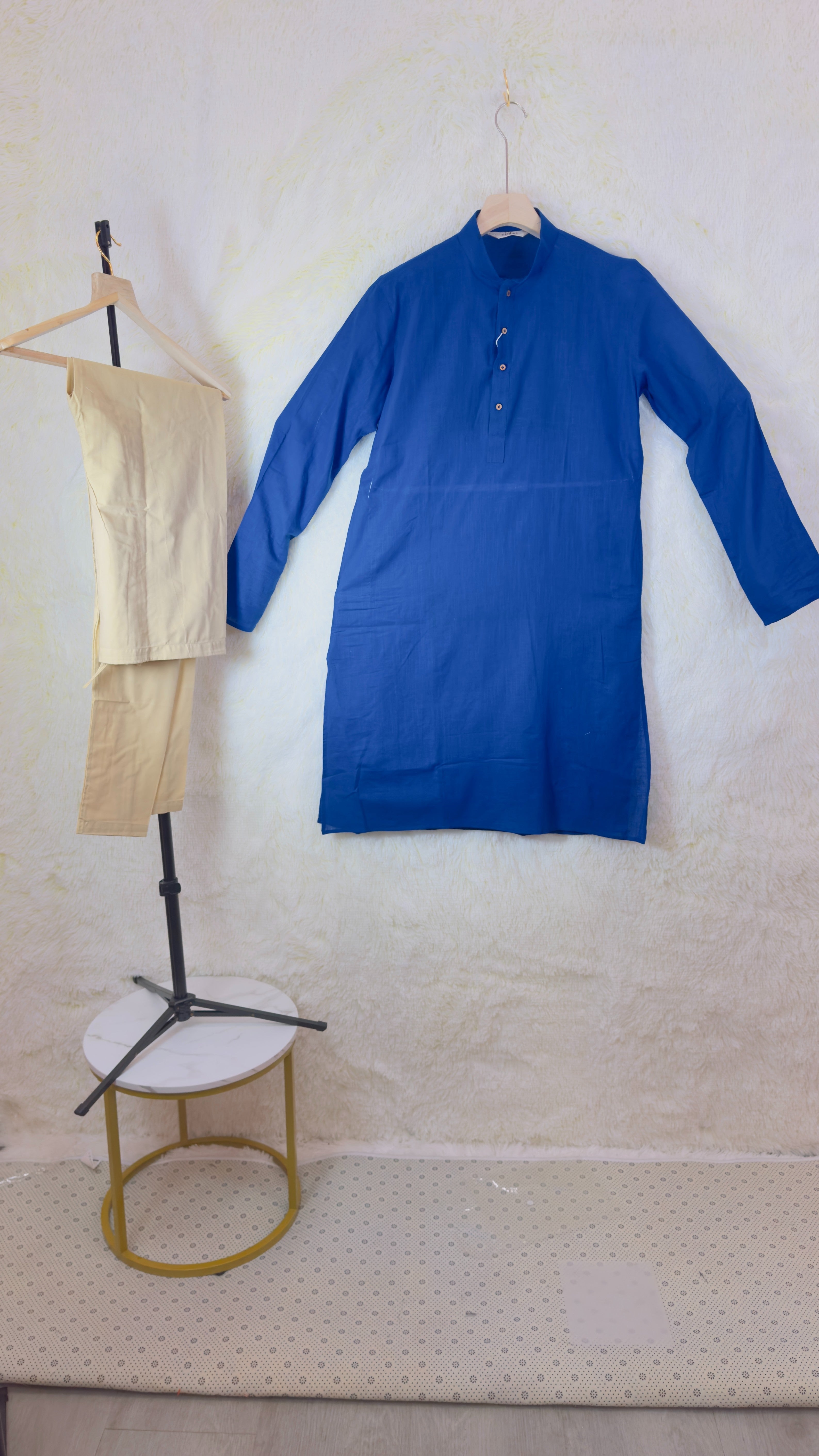 Royal Blue Kurta Set with Beige Trousers - Image 2