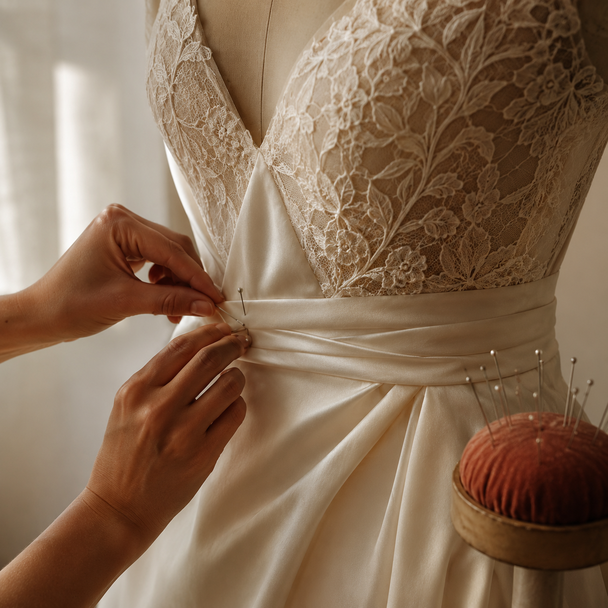 Bridal alterations in Guelph, tailor pinning a wedding dress at Gunit's Boutique