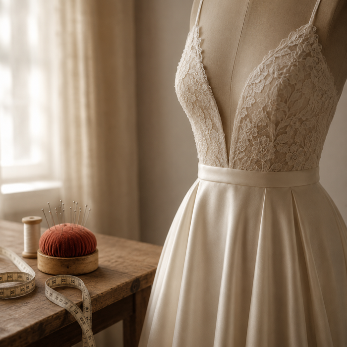 Ivory lace bridal gown being altered at Gunit's Boutique, Guelph