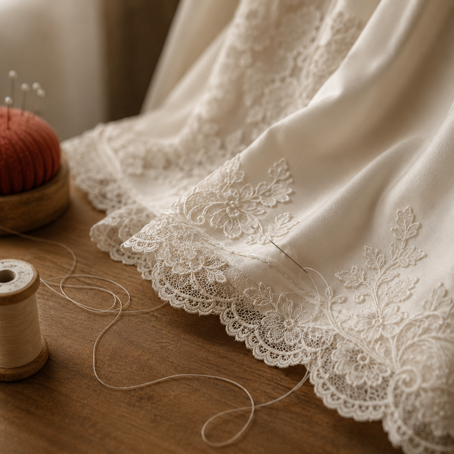 Cream lace fabric with thread and pins on a wooden table, bridal alterations Guelph