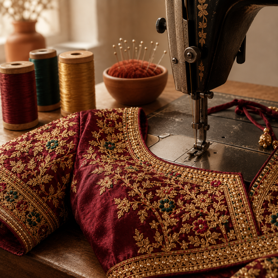 An embroidered deep red velvet blouse with intricate gold floral embroidery and bead borders, laid on a wooden table next to a vintage sewing machine, with spools of thread and a bowl of pins in the background.