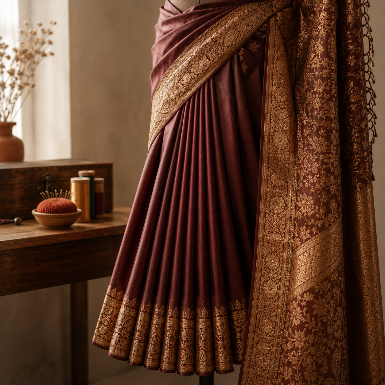 A pleated maroon silk saree with intricate gold zari embroidery, draped elegantly on a mannequin in a warm, rustic room setting.