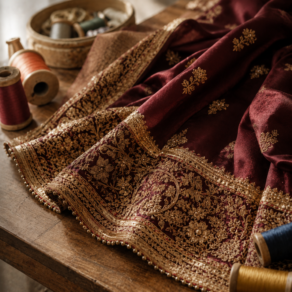 A close-up of an ornate maroon and gold embroidered fabric draped over a wooden table, with spools of thread and a woven basket in the softly blurred background.