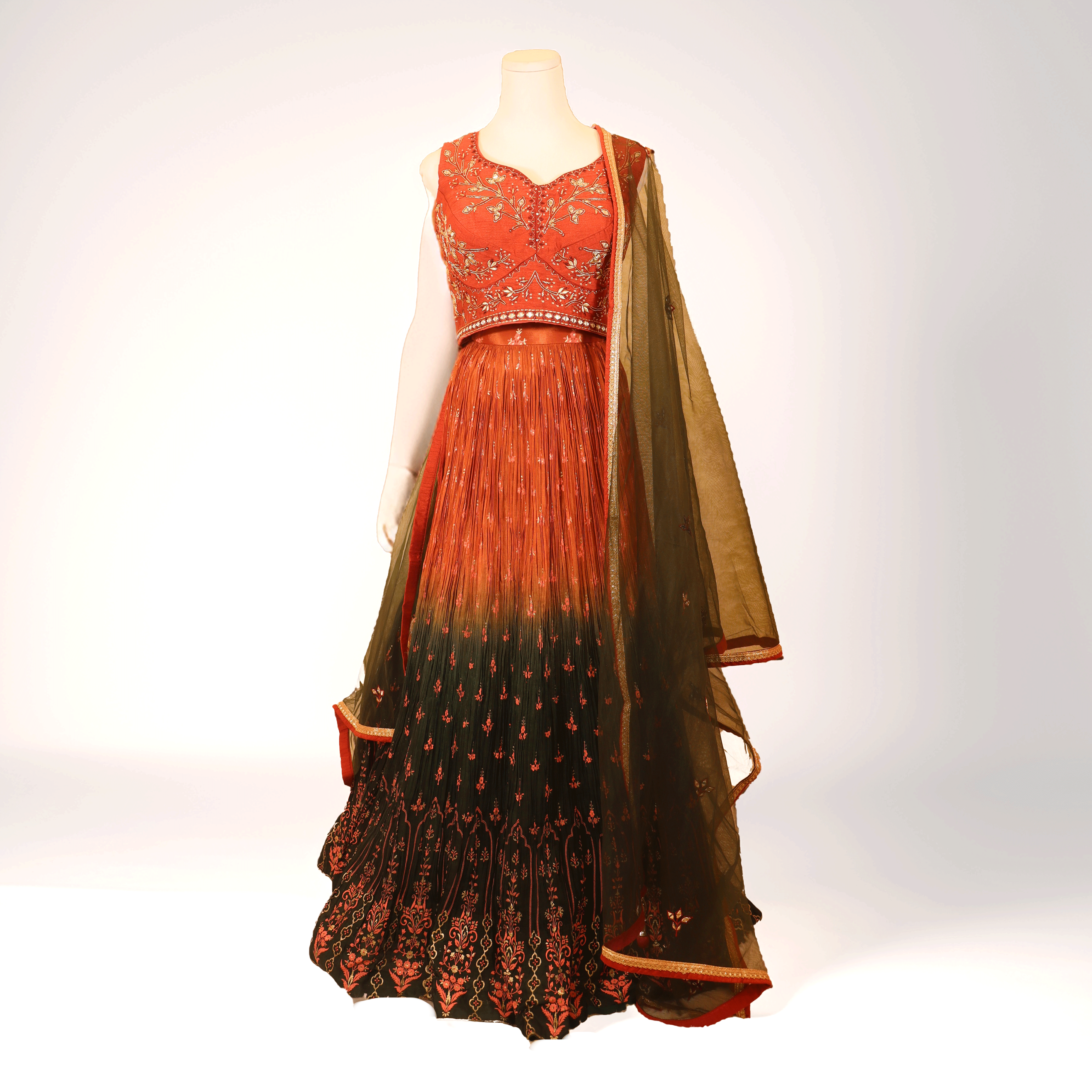 Rust and Bottle Green Lehenga