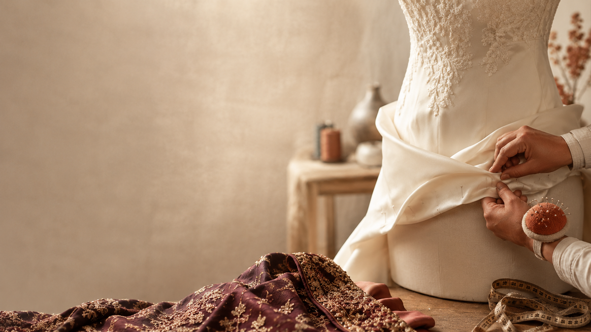 A close-up of a person adjusting the skirt of a white lace wedding gown on a dress form, with a pincushion and fabric visible in a softly lit studio setting.