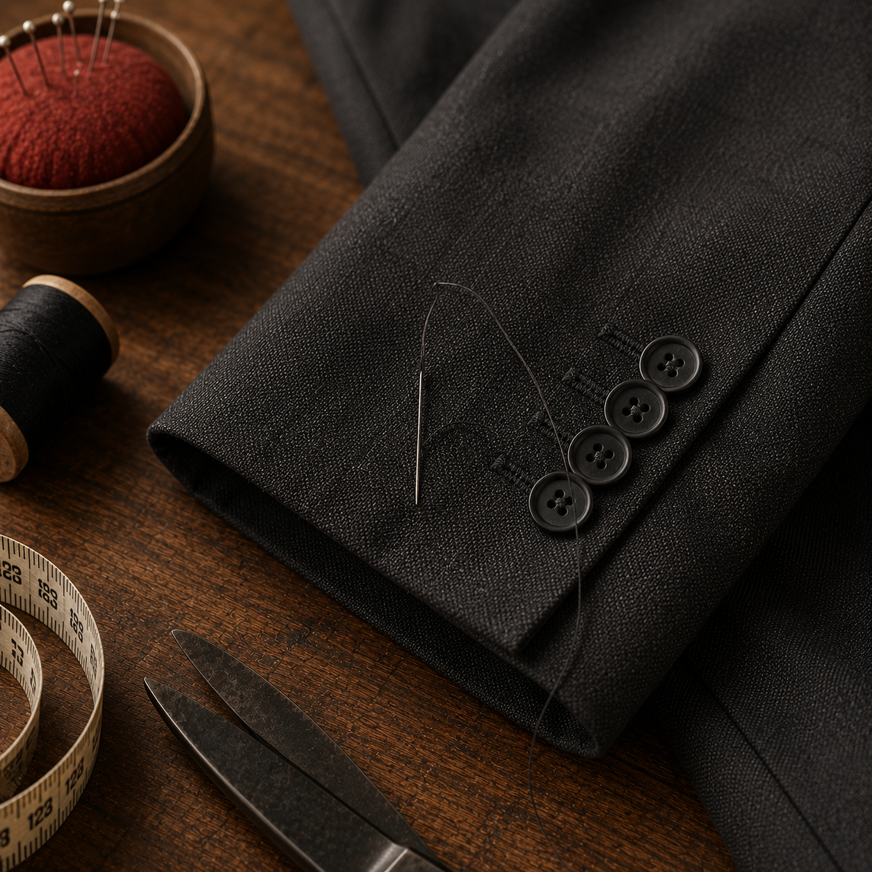A close-up of a dark charcoal gray suit jacket sleeve laid on a wooden surface, with four buttons, a needle, thread, a red pincushion, a spool of thread, and a measuring tape nearby.