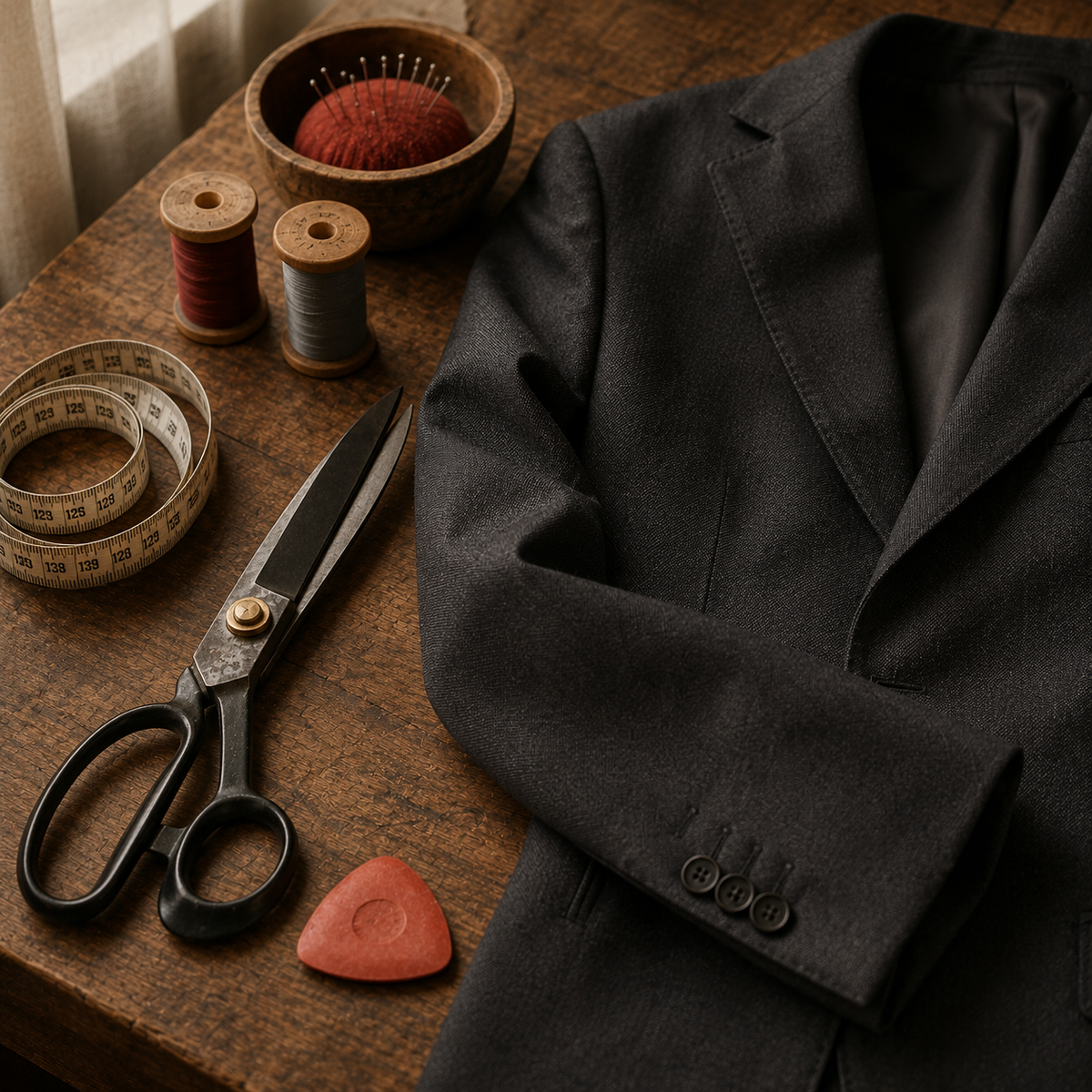 A dark charcoal gray suit jacket is laid flat on a rustic wooden table, surrounded by sewing and tailoring tools including a wooden pincushion with red thread, spools of thread, a measuring tape, large scissors, and a red fabric triangle.