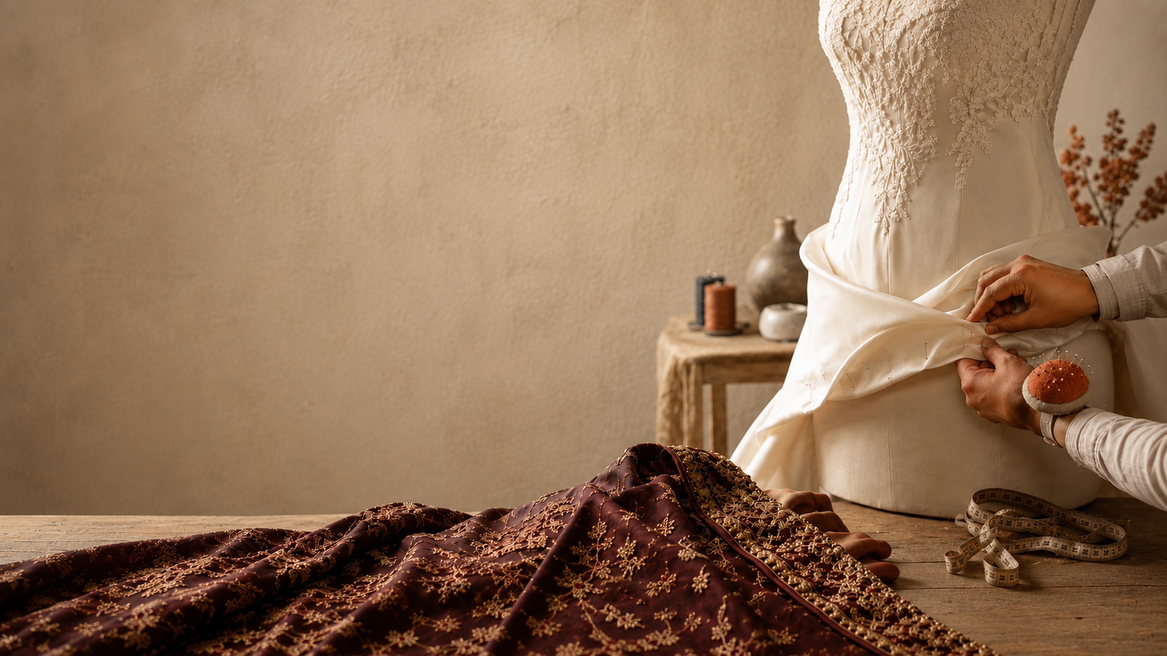 Pinning the hem of an ivory gown on a dress form in the Guelph studio